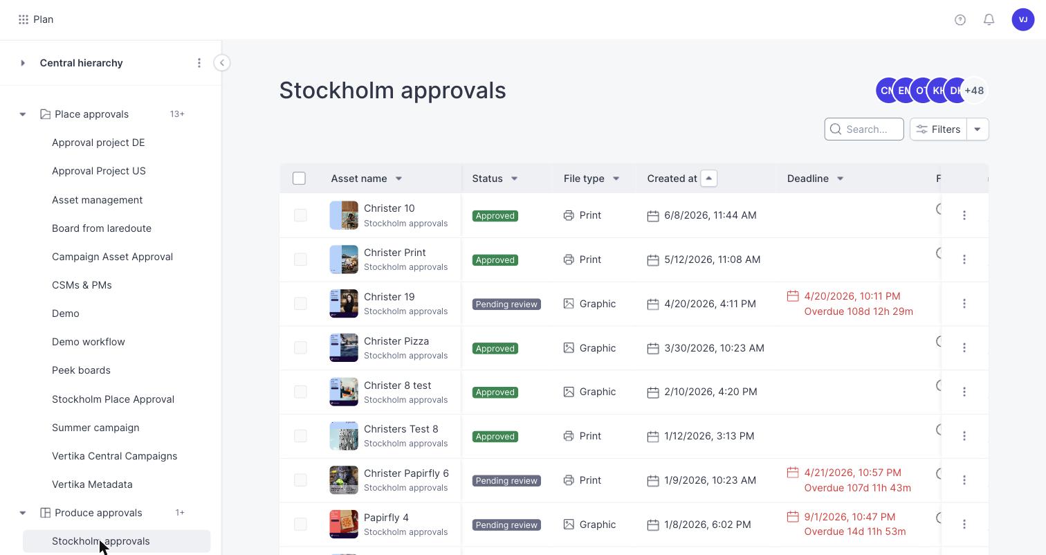 A project overview listing assets with their status, file type, created date and deadline