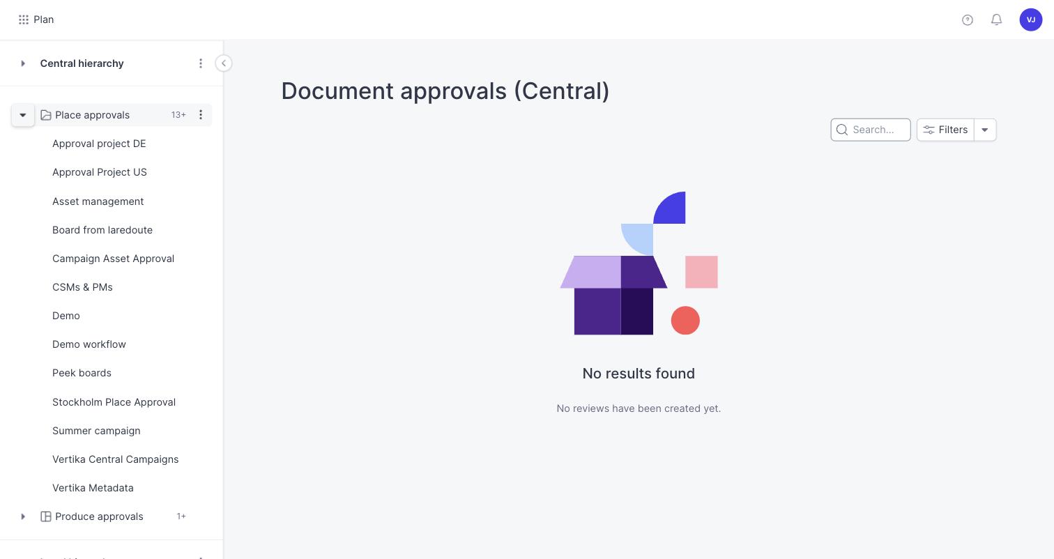 The Approval overview, with Place approvals expanded under Central hierarchy