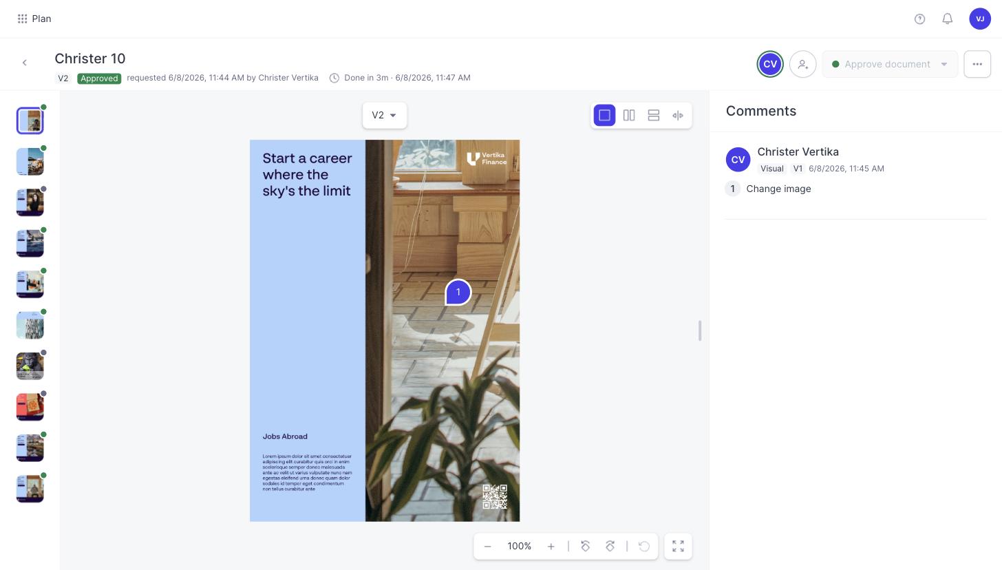 An asset open for review, showing the version selector, an annotation pin and the comments panel