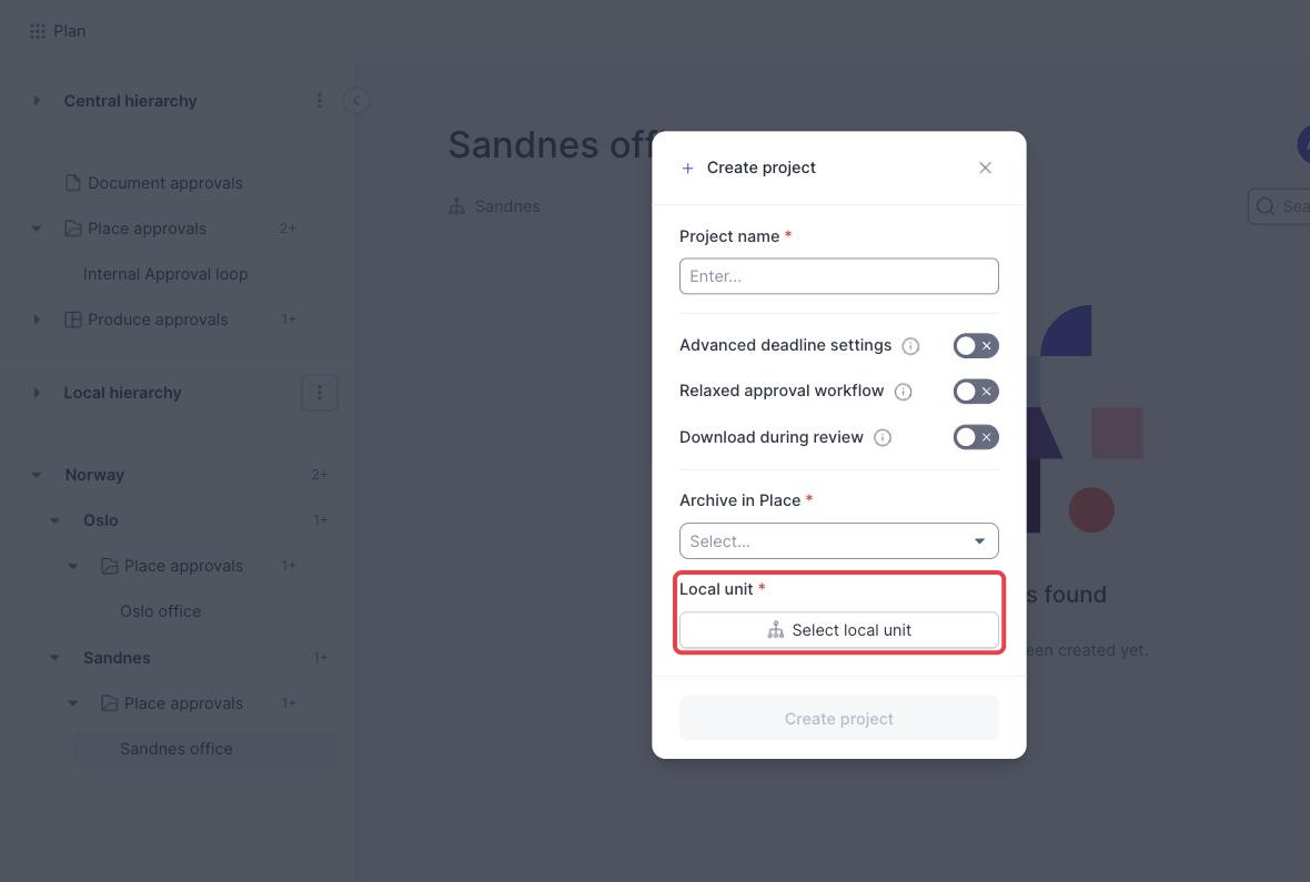 The Create project panel open over the page, with the Local unit field outlined
