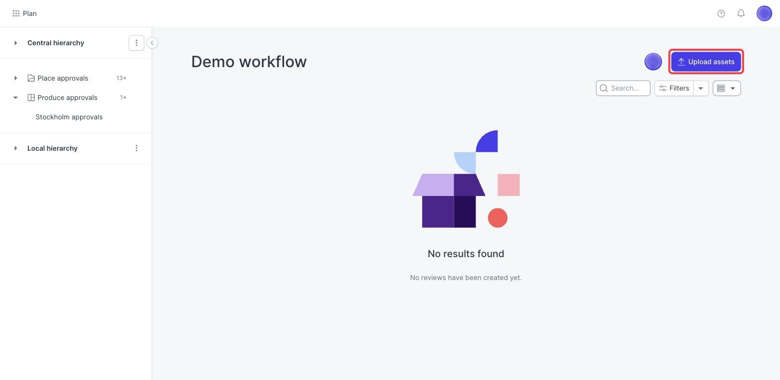 A Place approval project open, with the Upload assets button outlined