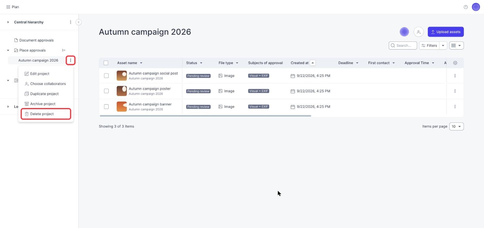 The project menu in the Plan sidebar, with the three dots button and Delete project marked