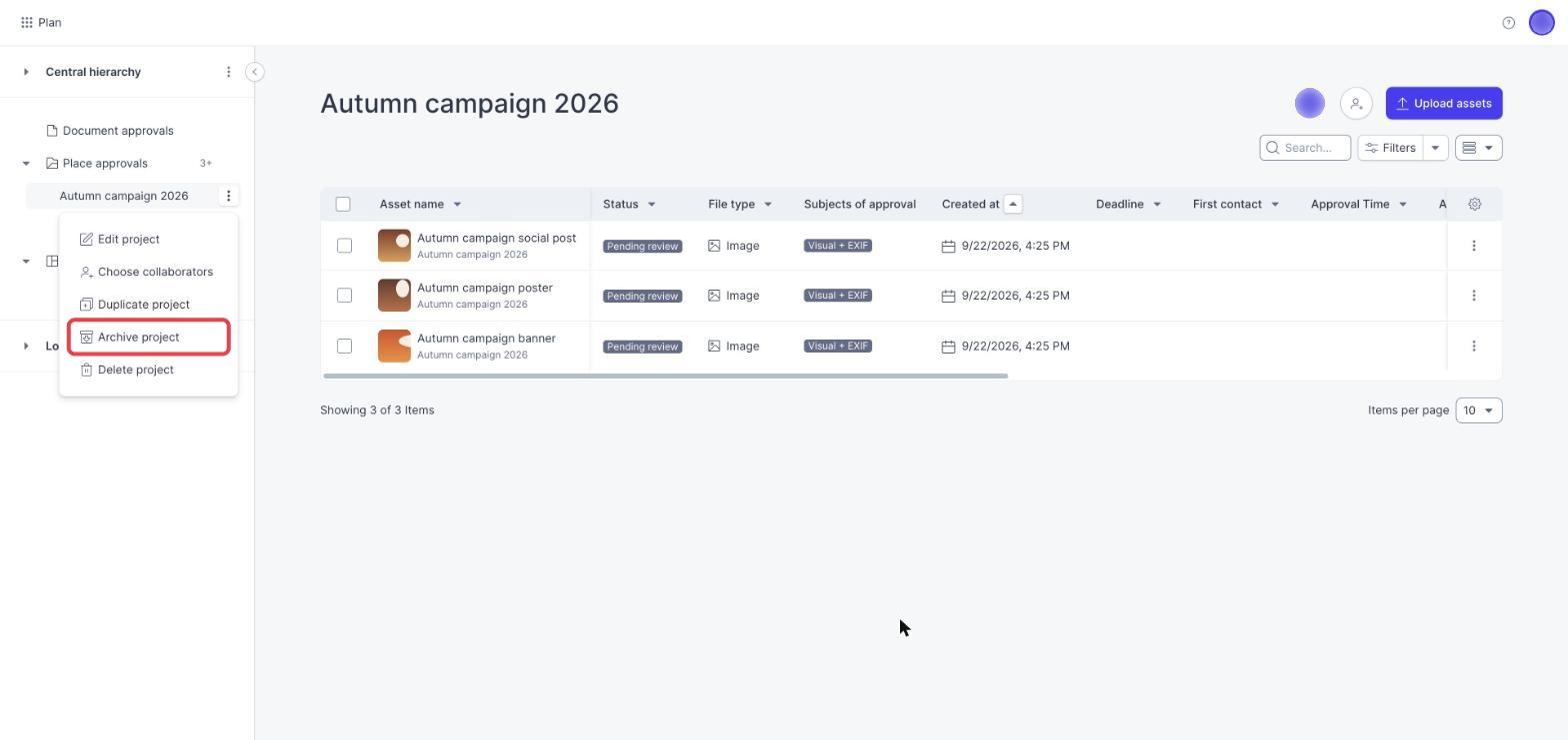 The project menu with Archive project marked