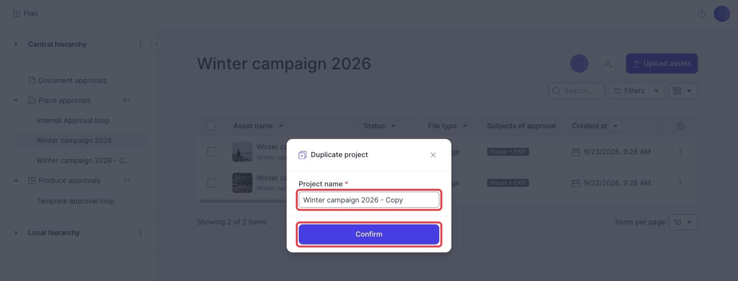 The Duplicate project dialog, with the suggested project name and the Confirm button marked