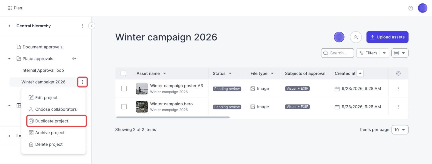 The project menu open in the Plan sidebar, with the three dots button and Duplicate project marked