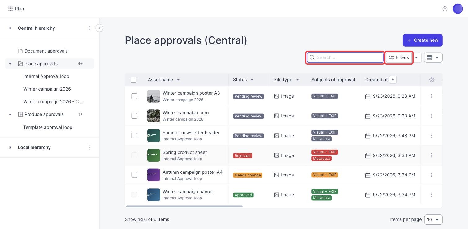 The approval overview with the Search box and the Filters button marked