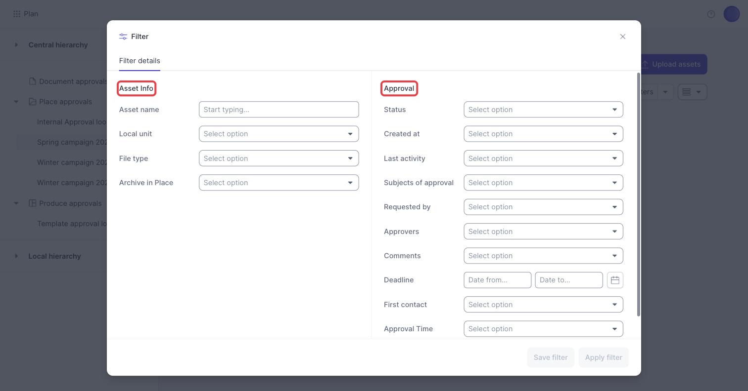 The filter panel, with the Asset info and Approval groups marked