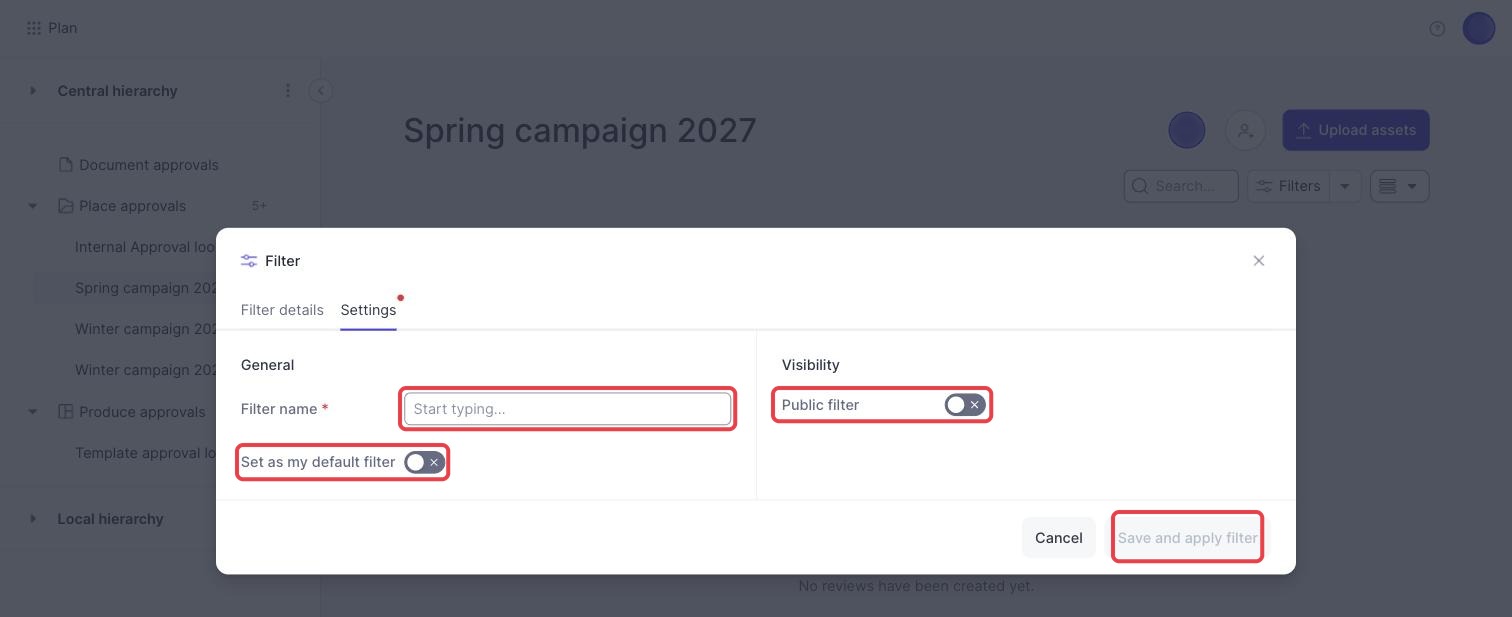 The Settings tab of the filter panel, with Filter name, Set as my default filter, Public filter and Save and apply filter marked