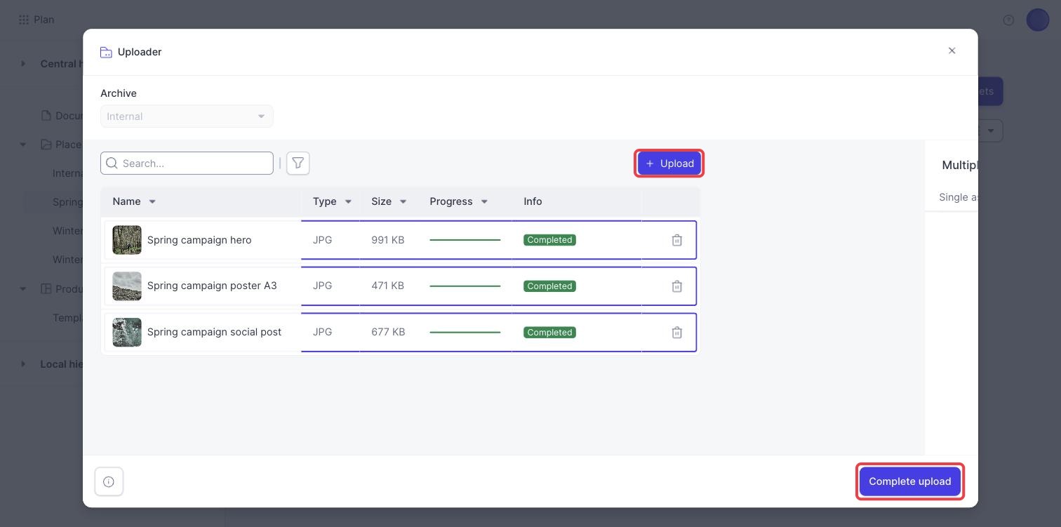The uploader with three files completed, with the Upload button and Complete upload marked