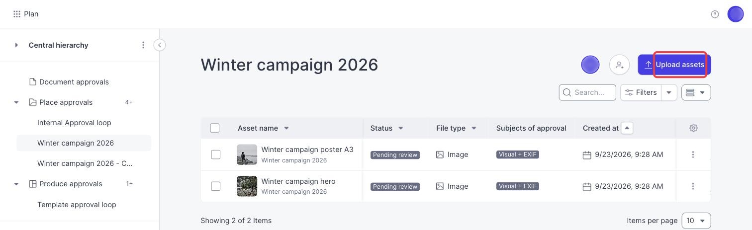 An approval project with the Upload assets button marked