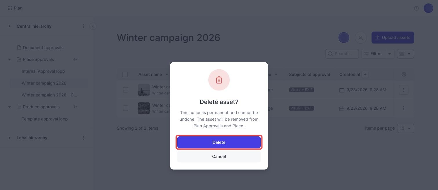 The Delete asset confirmation, with the Delete button marked