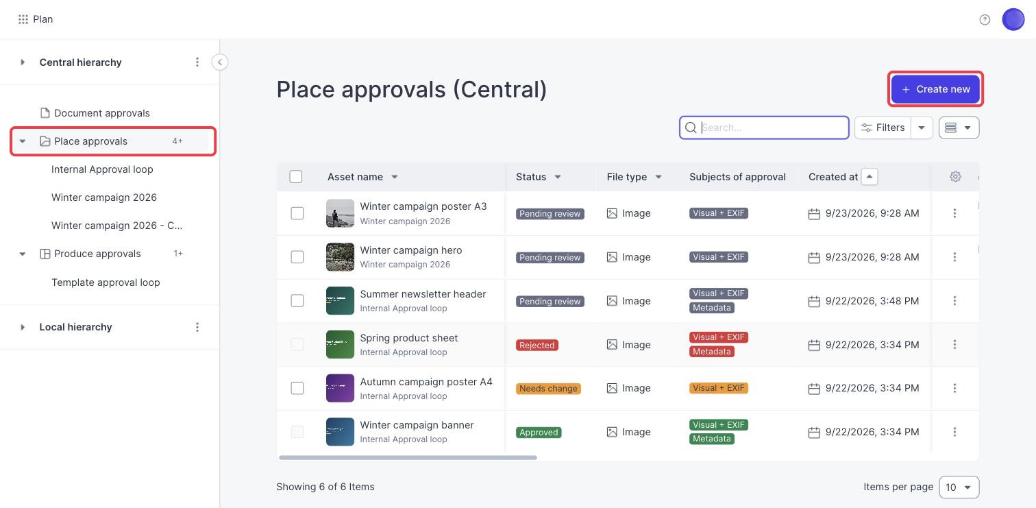 The approval overview with the Place approvals group and the Create new button marked