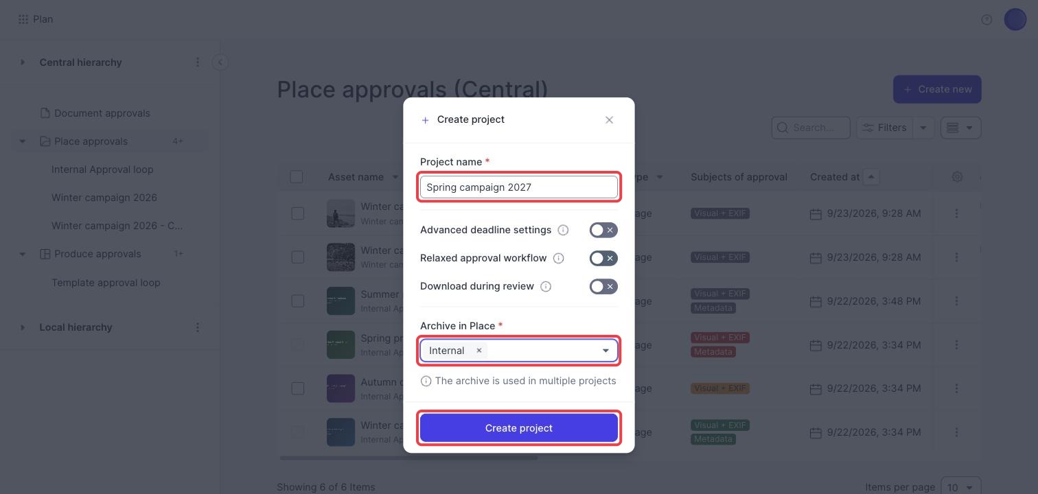 The Create project dialog with the project name, Archive in Place and the Create project button marked