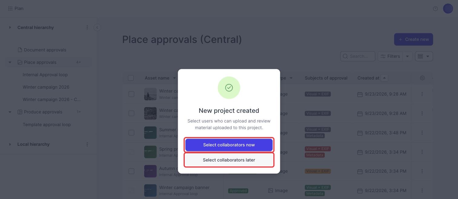 The New project created message, with Select collaborators now and Select collaborators later marked