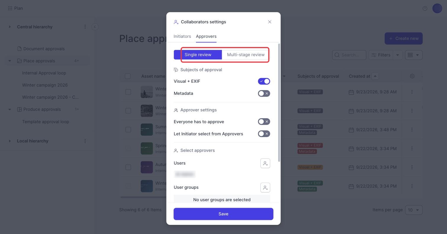The Approvers tab with the Single review and Multi-stage review choice marked