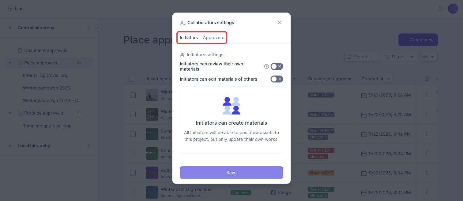 Collaborators settings with the Initiators and Approvers tabs marked
