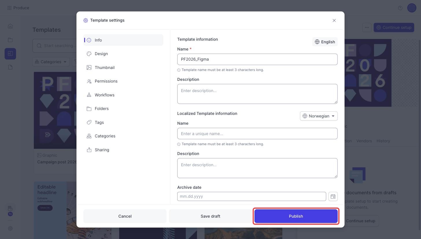 The Template settings dialog with the Publish button