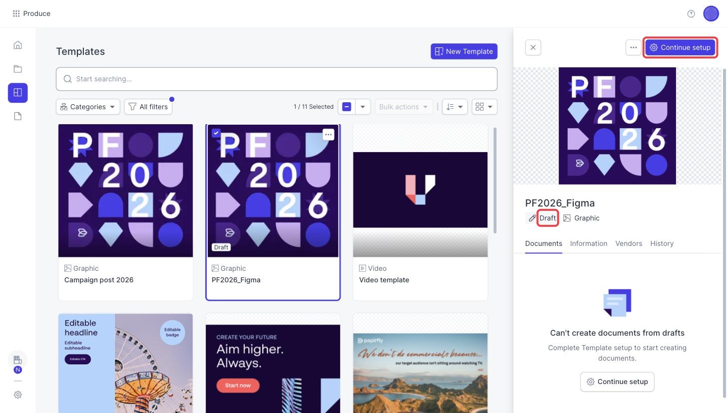 A draft template selected in the Templates page, with the Draft label and the Continue setup button