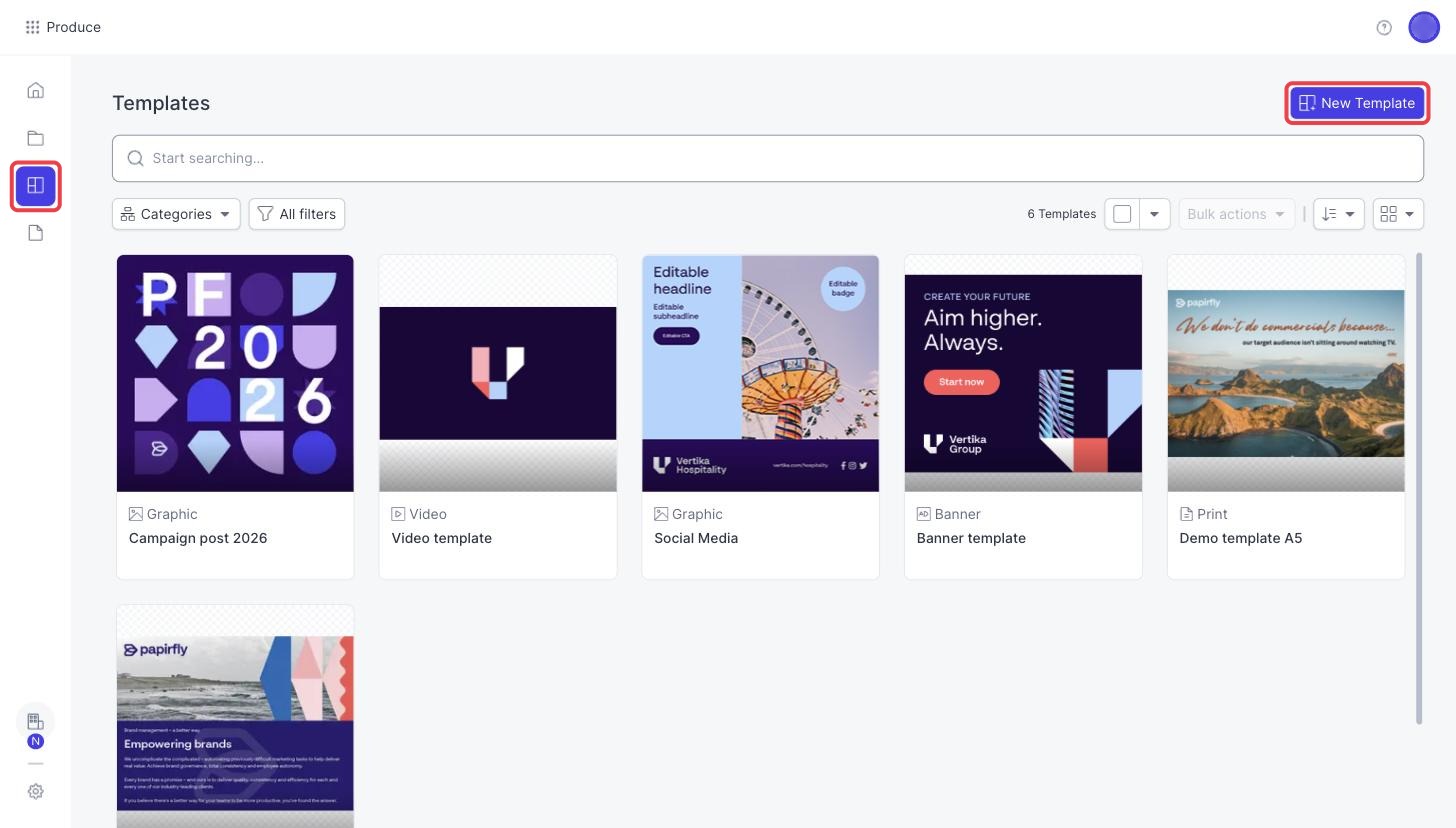 The Templates page in Produce with the New Template button