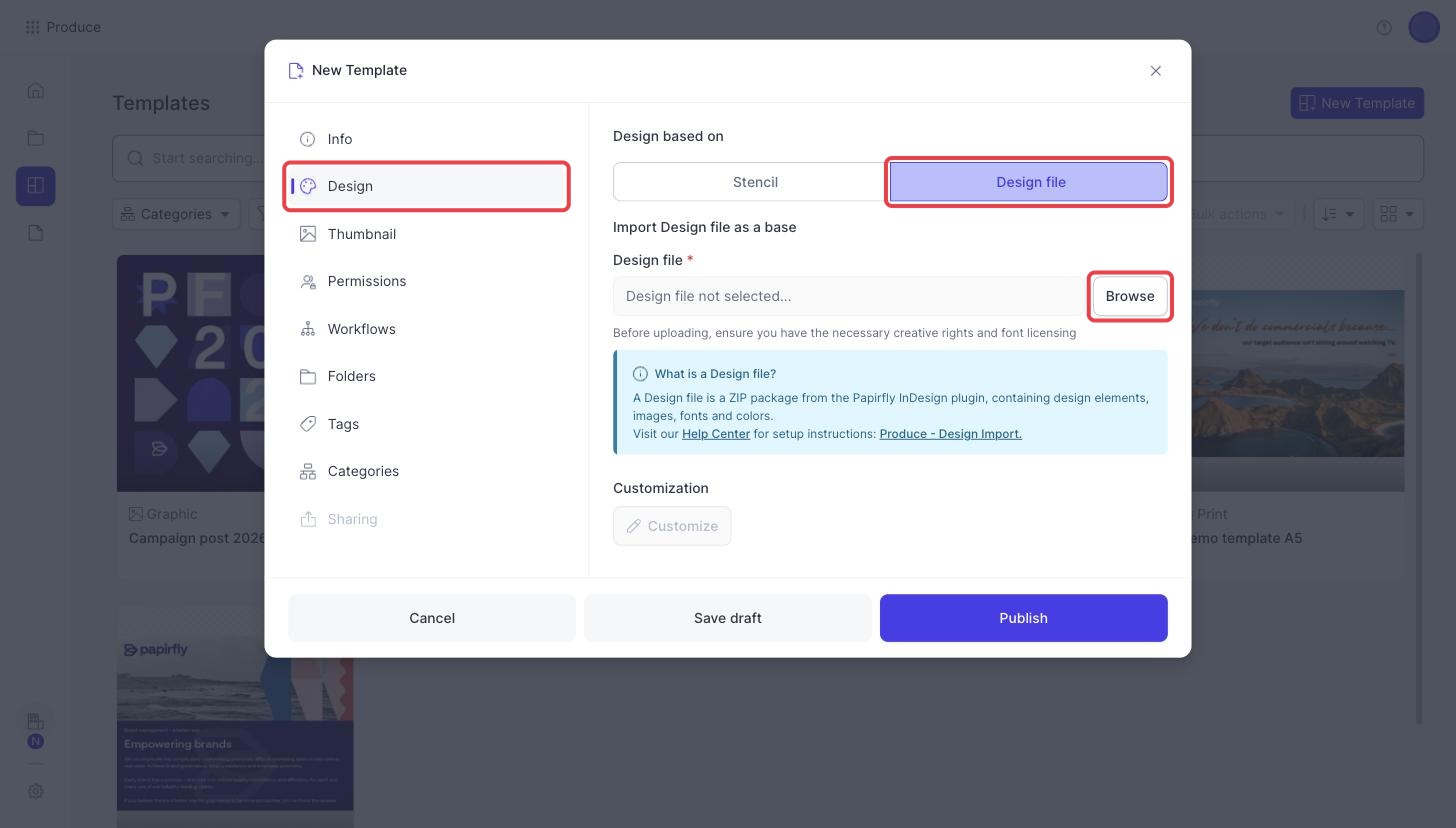 The Design tab of the New Template dialog with Design file selected and the Browse button