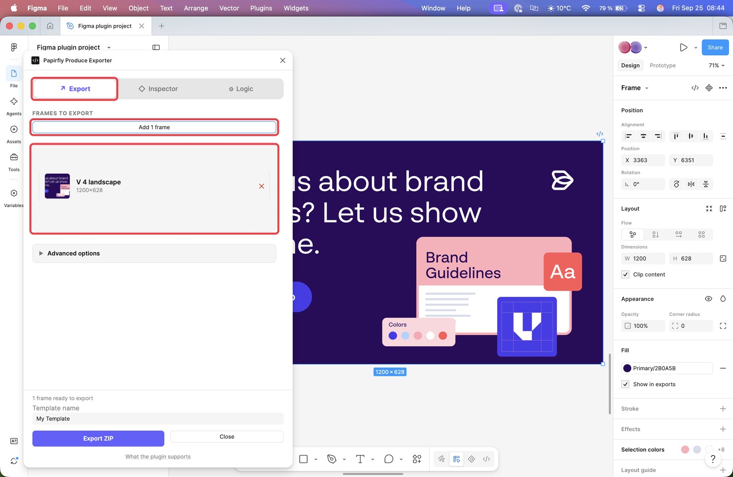 The Export tab with the Add 1 frame button and one frame in the list