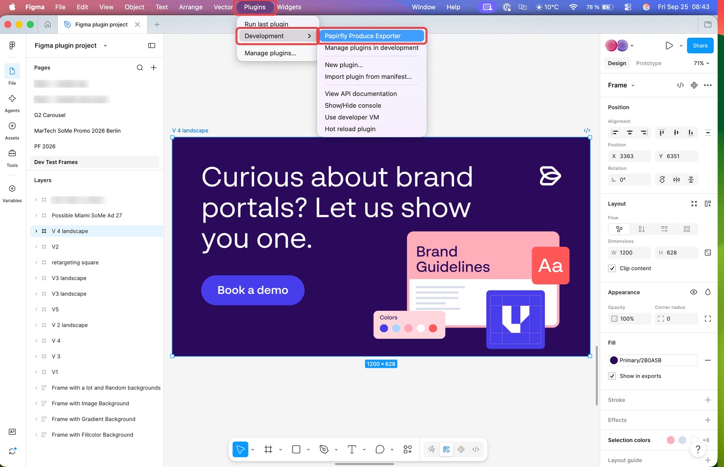 The Figma Plugins menu with Papirfly Produce Exporter under Development