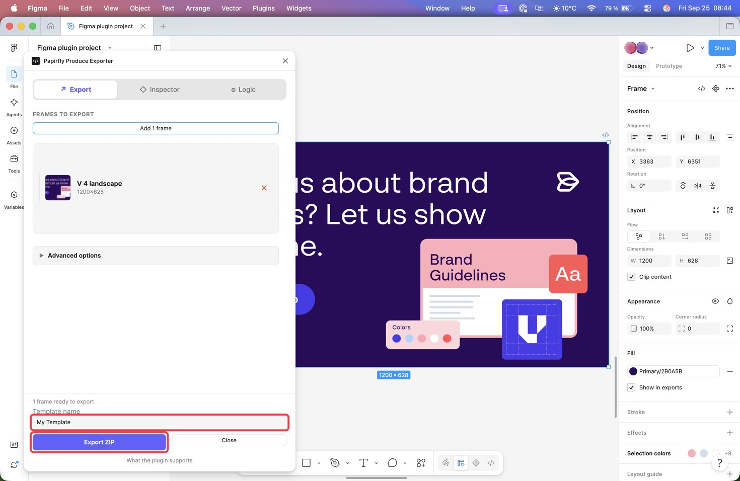 The Export tab with the Template name field and the Export ZIP button