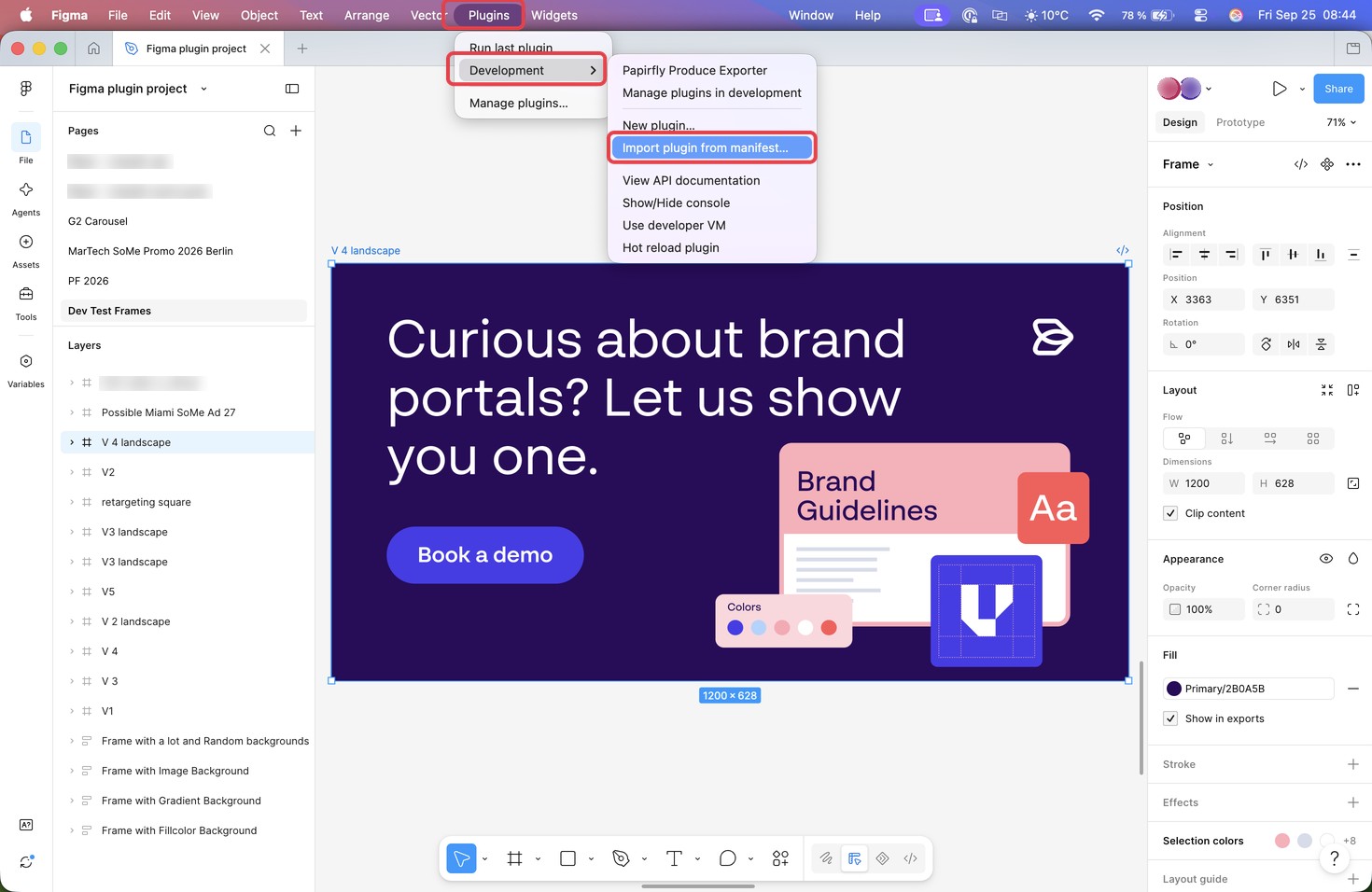The Figma Plugins menu with Development and Import plugin from manifest highlighted