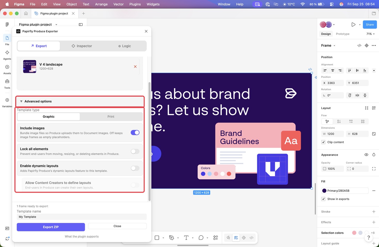The Export tab with Advanced options expanded, showing Template type, Include images, Lock all elements and Enable dynamic layouts