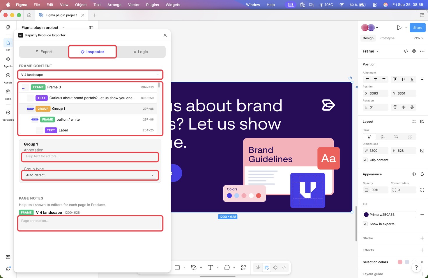The Inspector tab with the Frame content dropdown, the layer list, the Annotation and Group type fields for a selected group, and the Page notes field