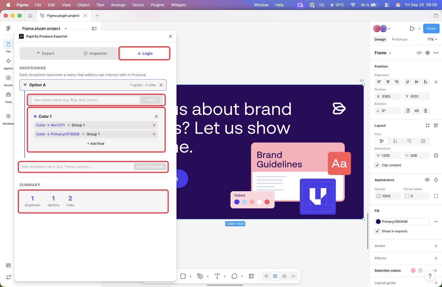 The Logic tab with one dropdown, one option with two color rules, the Add Rule and Create Dropdown controls, and the summary