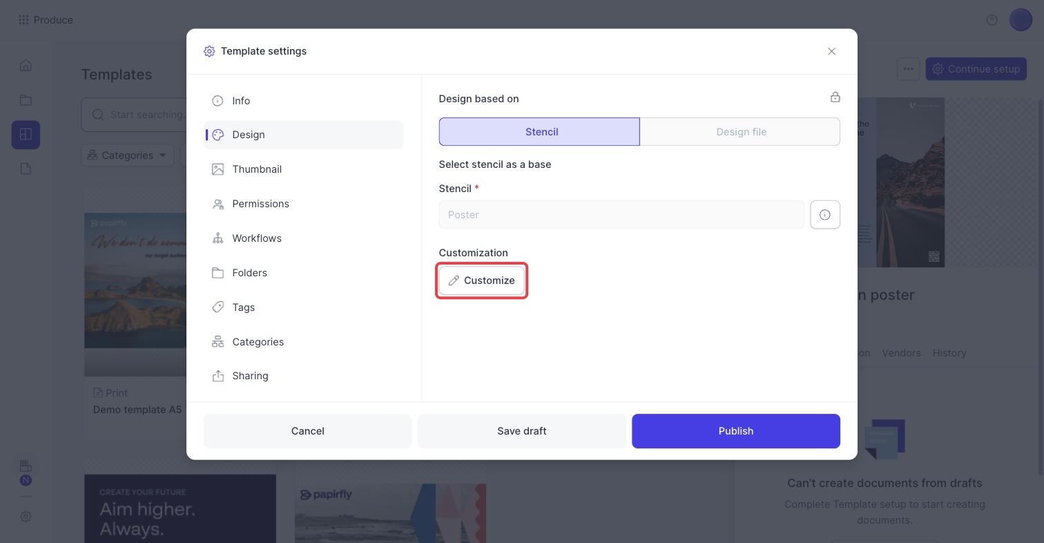 Template settings window after saving, with the Customize button highlighted