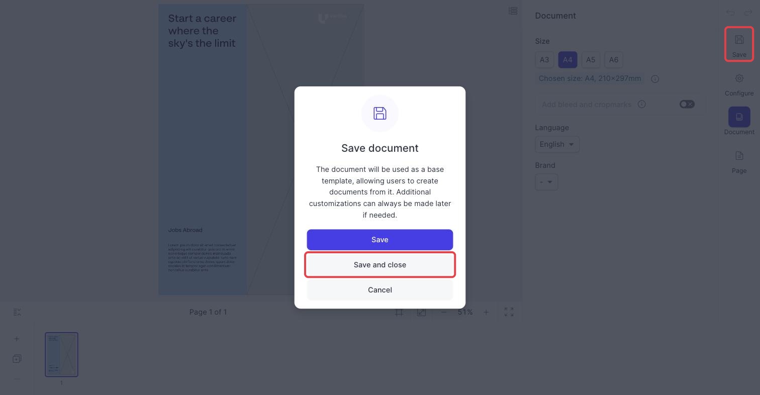 Produce editor with the Save button and the Save and close option highlighted