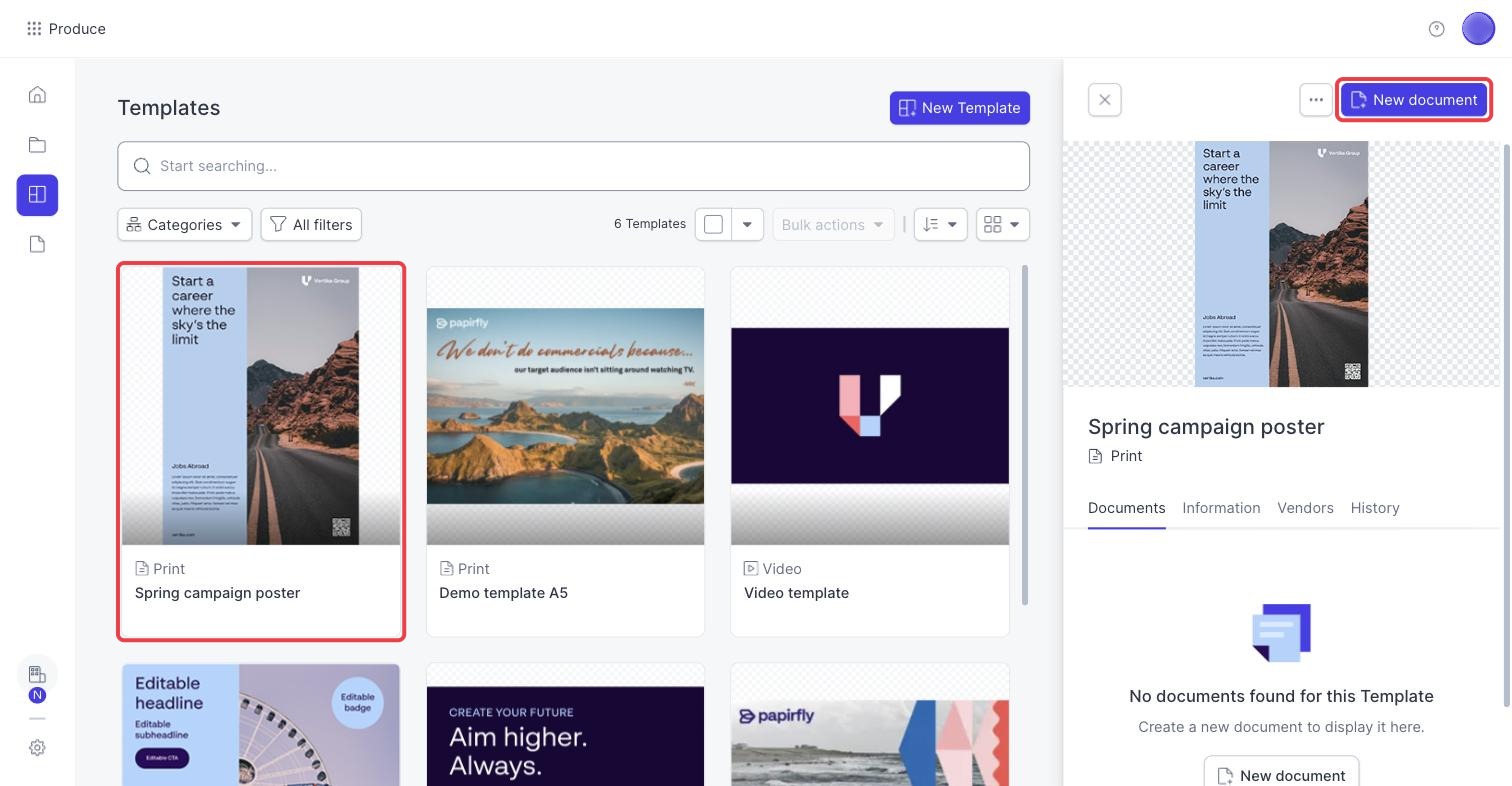 Templates page with the published template highlighted and the New document button highlighted in the sidebar