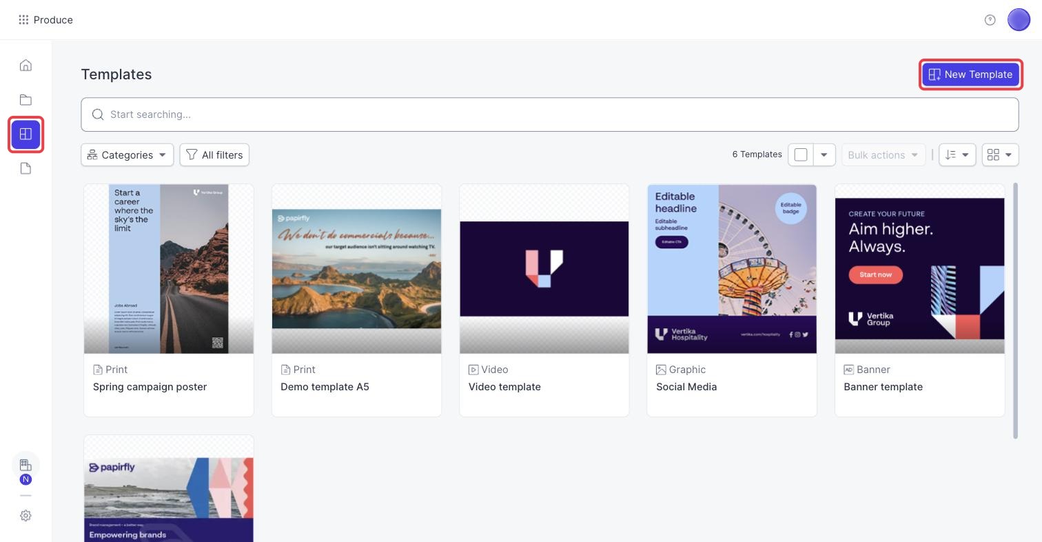 Templates page in Produce with the Templates menu item and the New Template button highlighted
