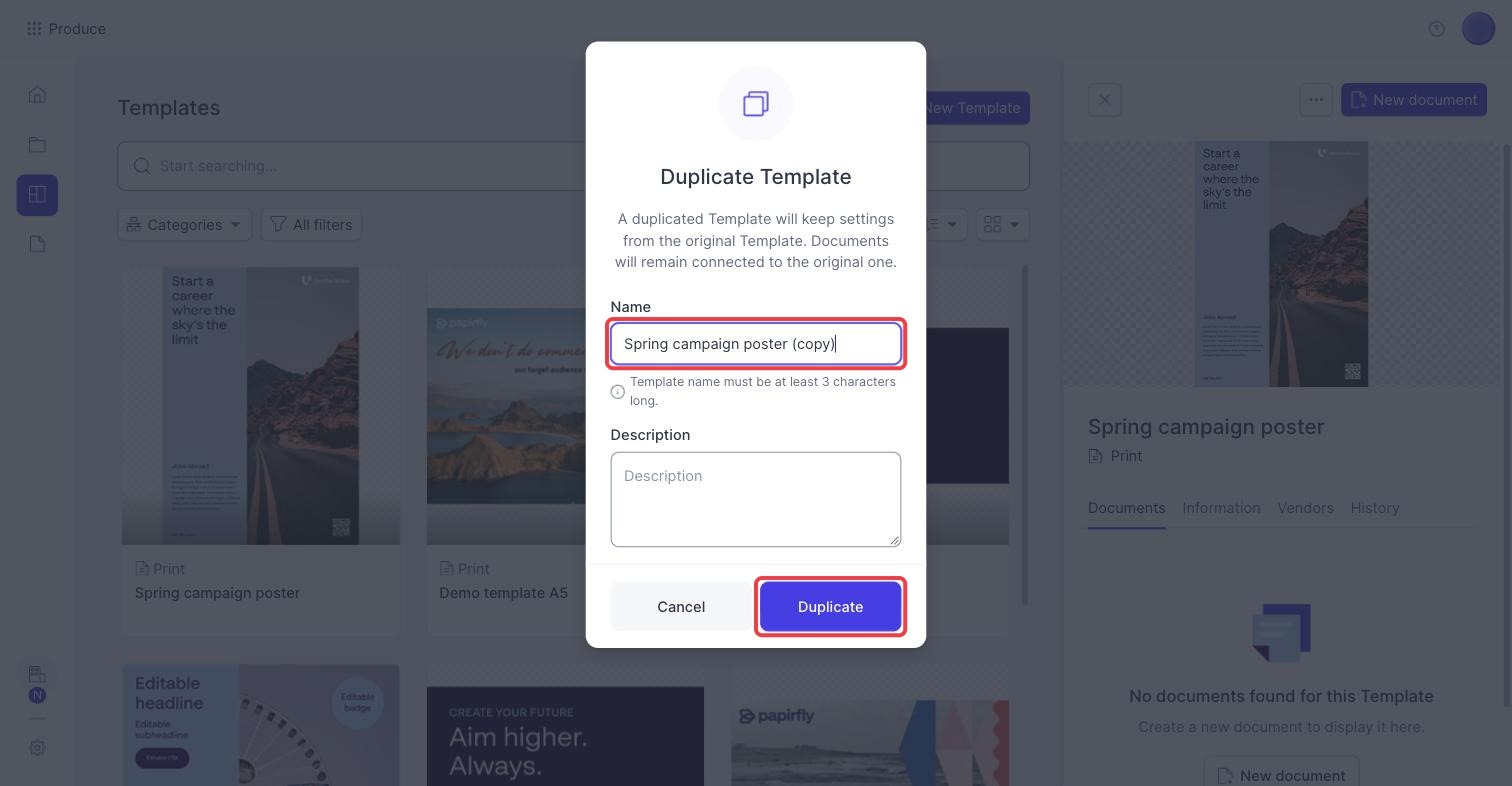 Duplicate Template window with the Name field and the Duplicate button highlighted