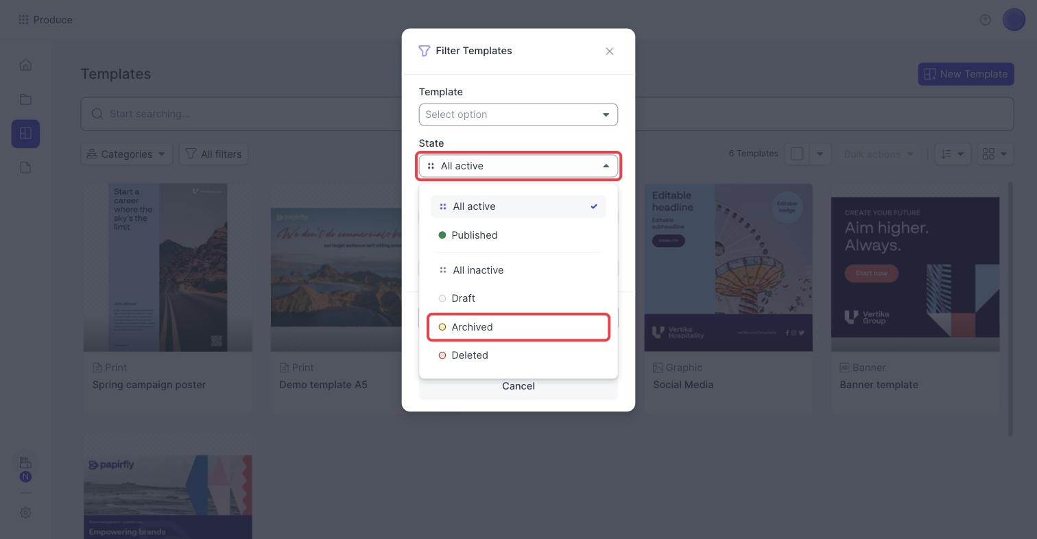 Filter Templates window with the State list open and Archived highlighted