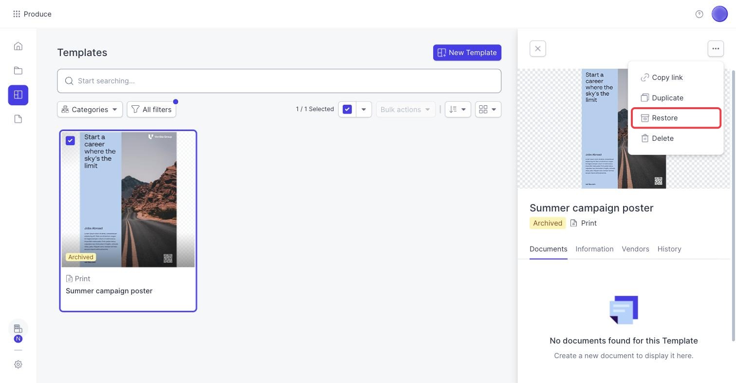Panel of an archived template with Restore highlighted in the three dots menu