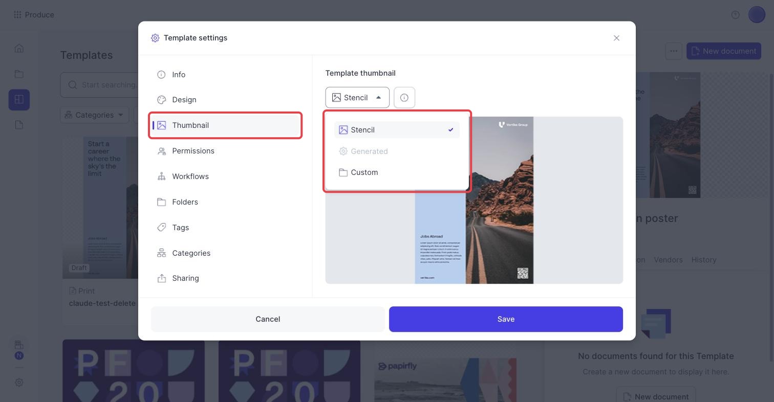 Thumbnail tab of Template settings with the list of thumbnail options open