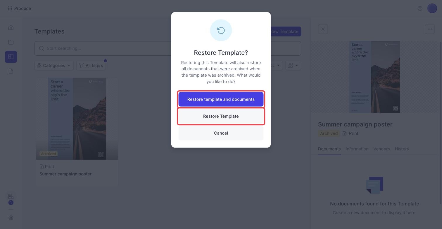 Restore Template window with both restore options highlighted
