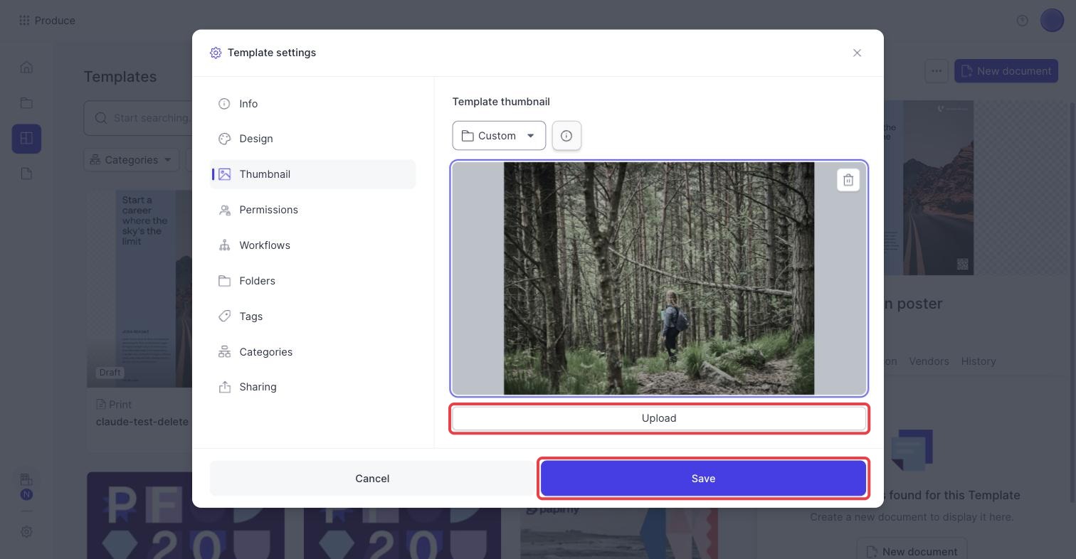 Thumbnail tab with a custom image uploaded, the Upload and Save buttons highlighted