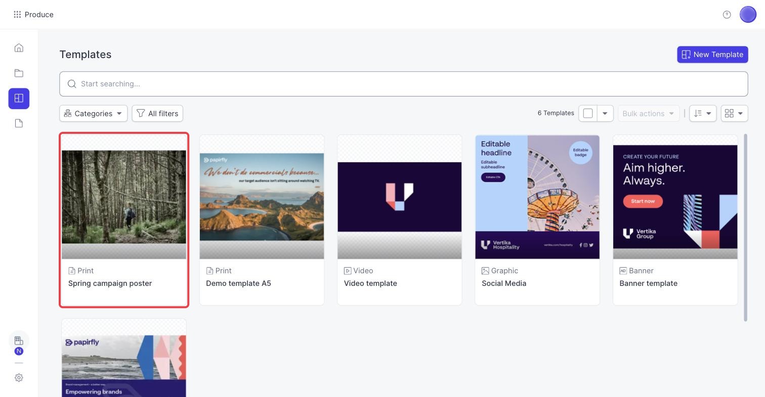 Templates page with the template showing its new custom thumbnail