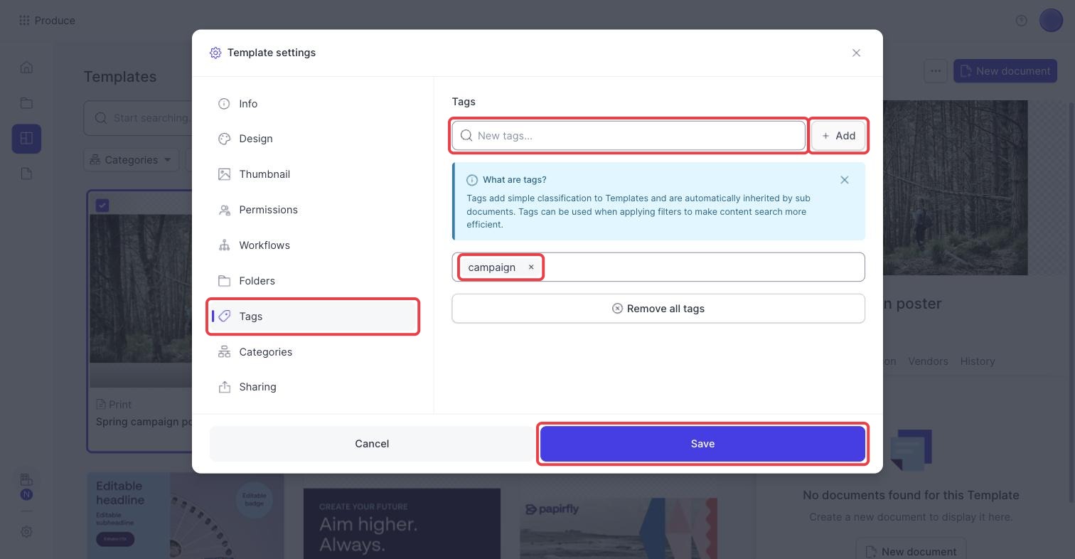 Tags tab of Template settings with the tag field, the Add button and an added tag highlighted