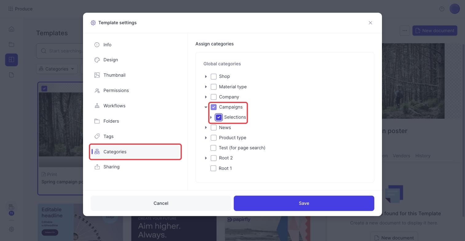 Categories tab of Template settings with a category and the one inside it ticked