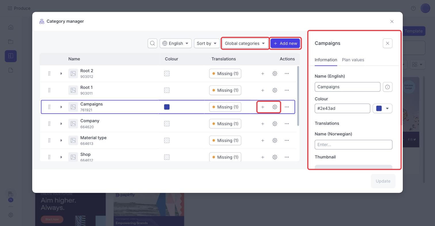Category manager with the category type list, Add new, the row actions and the settings panel highlighted