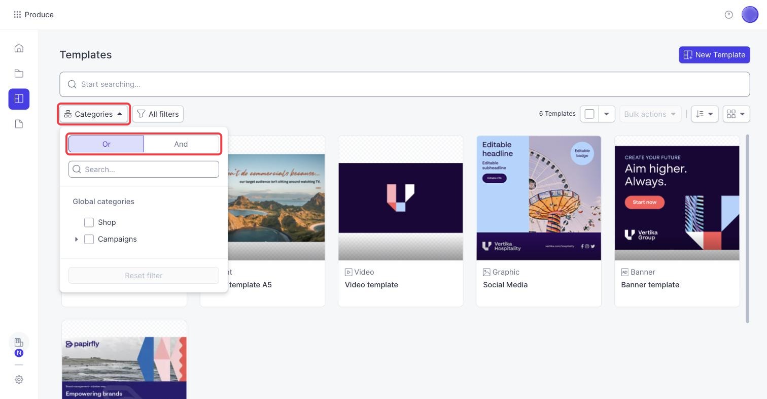 Categories filter on the Templates page with the Or and And options highlighted