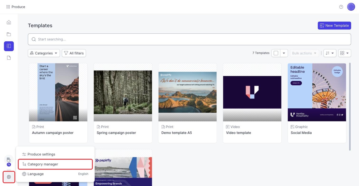Settings menu at the bottom left with Category manager highlighted