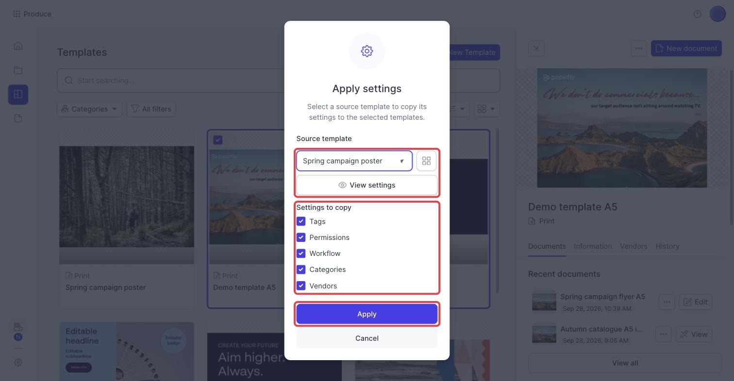 Apply settings window with the source template, the settings to copy and the Apply button highlighted