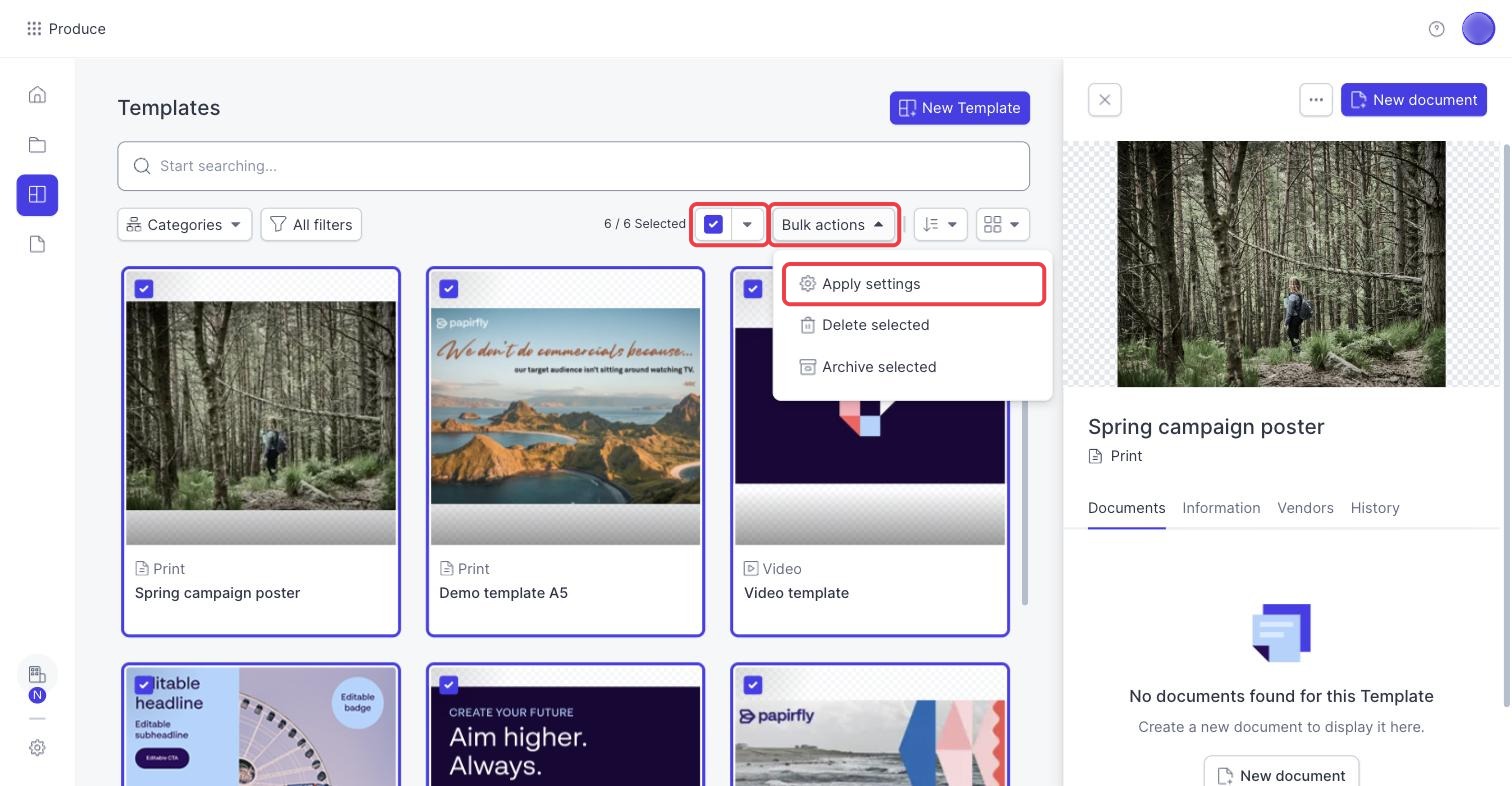 Templates page with templates ticked and the Bulk actions menu open, Apply settings highlighted
