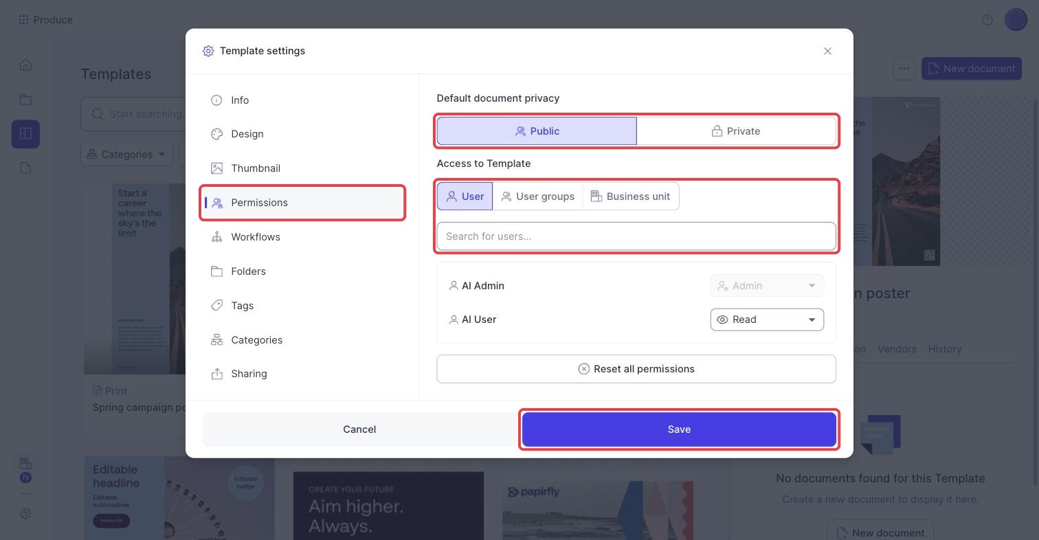 Permissions tab of Template settings with Default document privacy, Access to Template and Save highlighted
